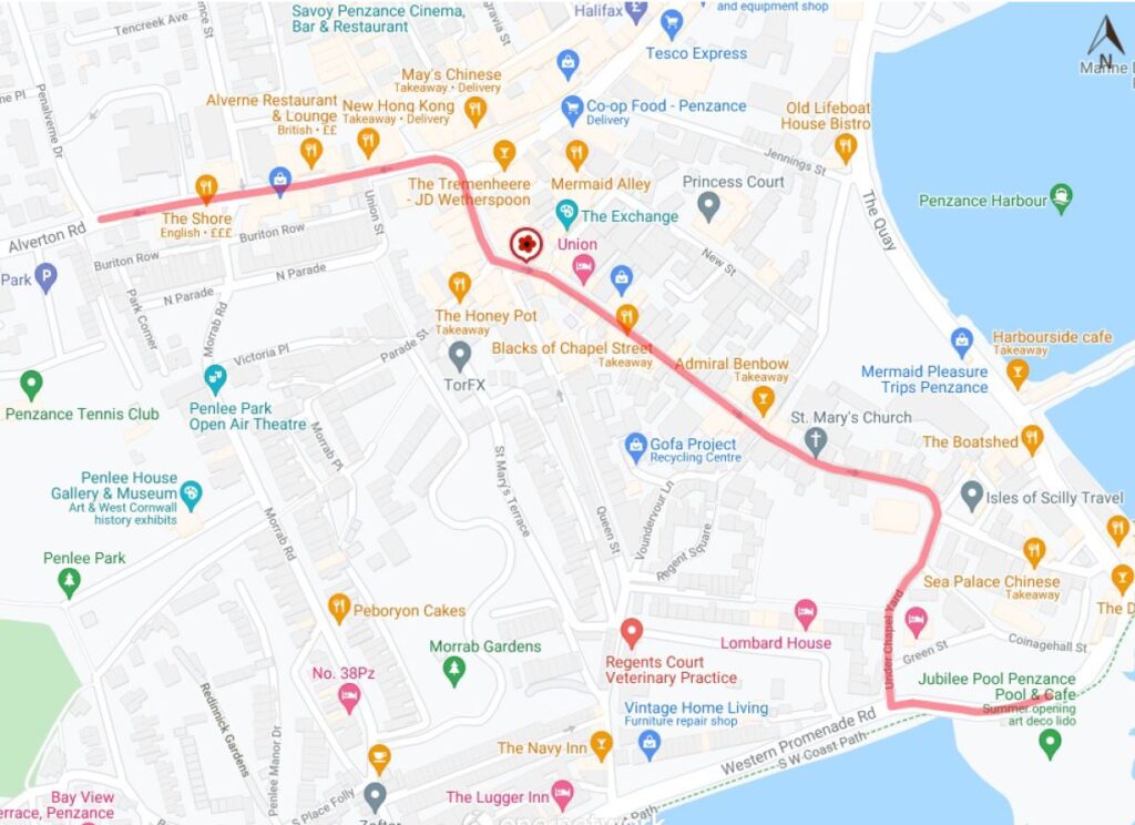 Map showing the route of the rolling road closure for the Penzance Remembrance Parade