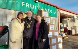 The Mayor of Penzance with Mia and Julia from Food for Families CIC