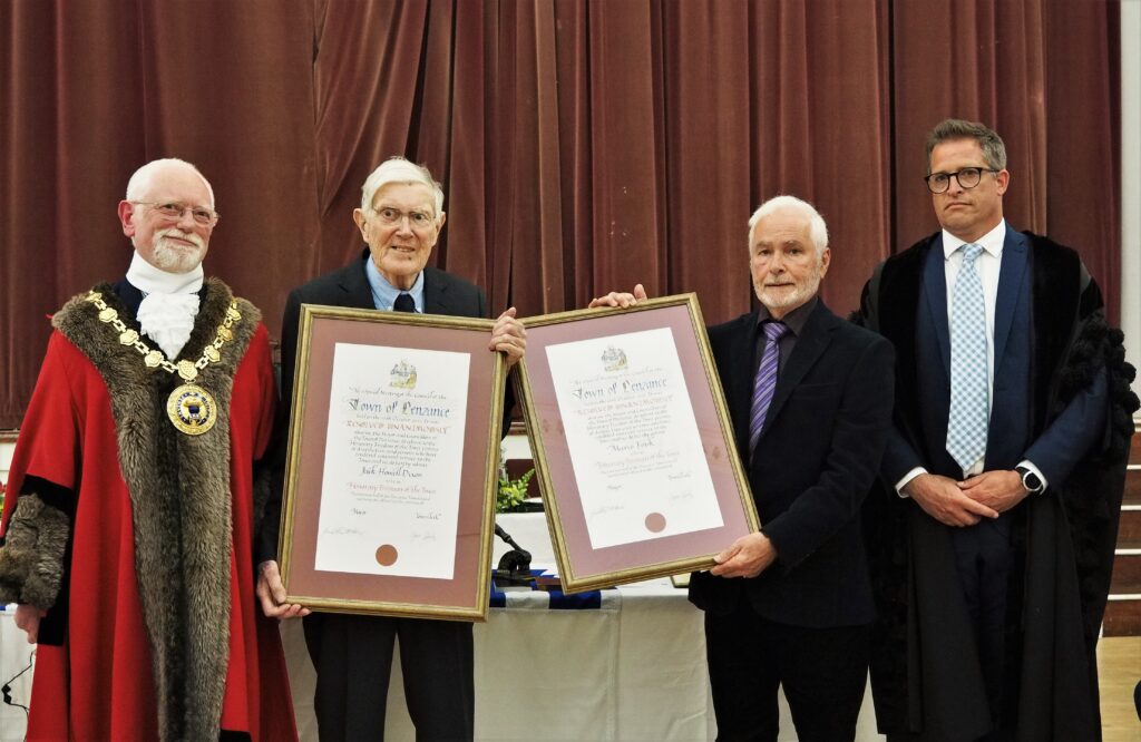 Jack Dixon and Mario Fonk are admitted as Honorary Freeman of Penzance (with the former Mayor and Town Clerk)