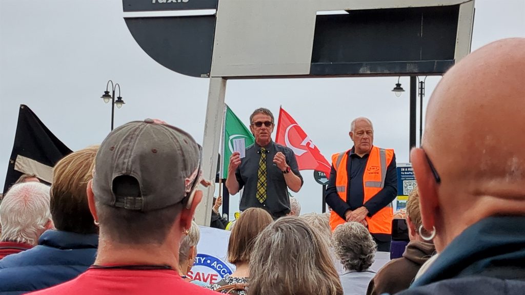 Cllr Stephen Reynolds (Mayor of Penzance) addresses the crowd, supporting the call to keep the Penzance Train Station ticket office open (9 August 2023)