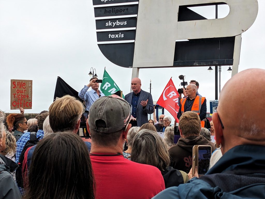 Mick Lynch (RMT Union General Secretary) addresses the crowd, to speak of why it is so important to keep Train Station ticket offices open (9 August 2023)