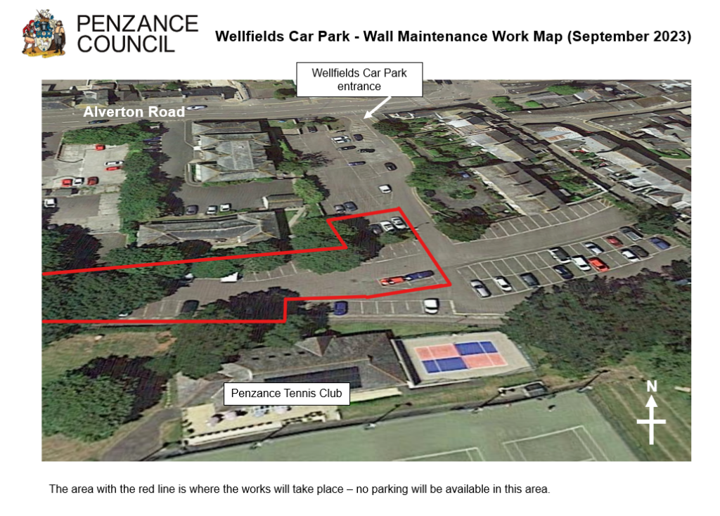 Map of Wellfields Car Park showing the no parking area where the works will take place in red (Map Image: Google Earth)