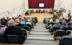 Local residents sat on the tiered seating in St John's Hall for the Penzance Council Planning Committee Meeting to consider the Coinagehall Street Development planning application