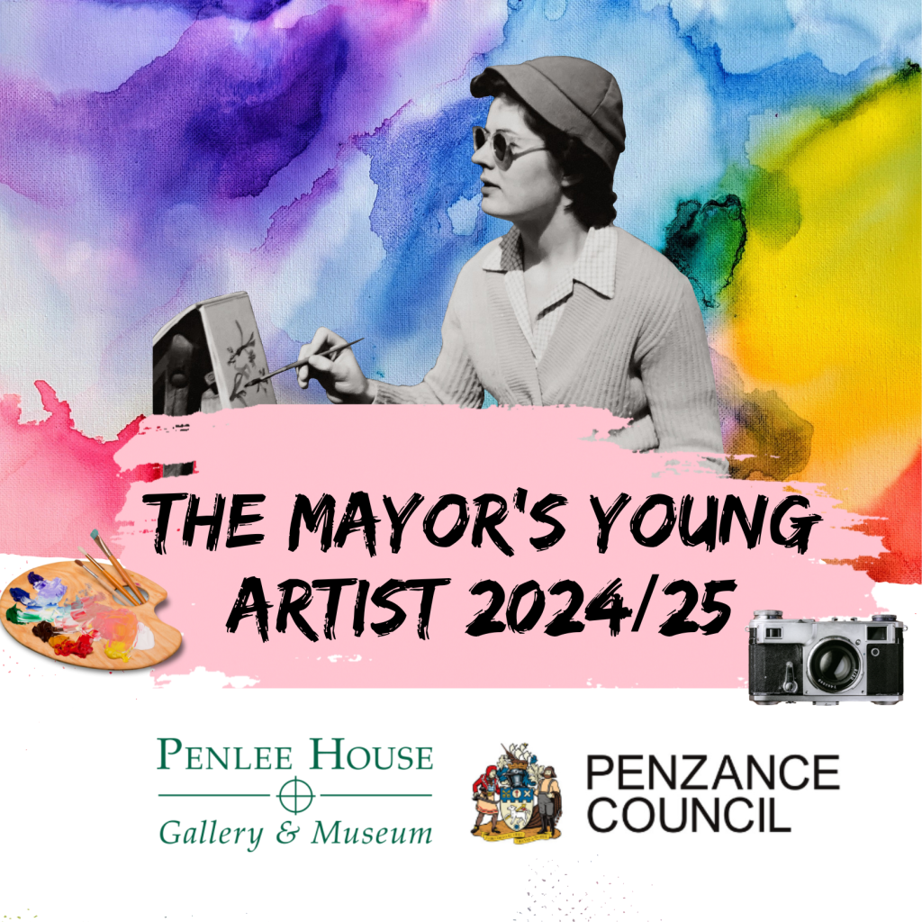 The Mayor's Young Artist 2024-25 promotion image with a water colour background, black and white photo of a woman painting, a paint pallet and camera, with the Penlee House and Penzance Council logos