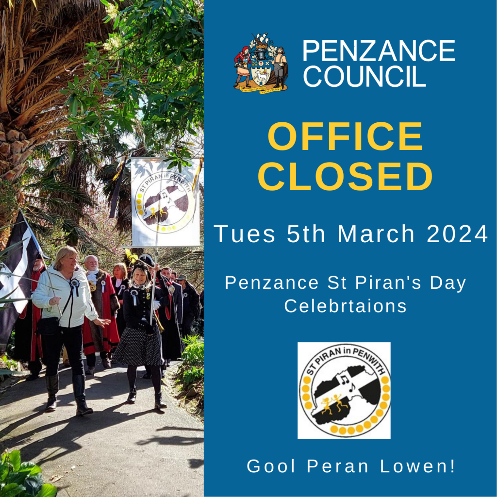 St Piran's Day Office closure notice with photo of the St Piran Parade in Morrab Gardens.