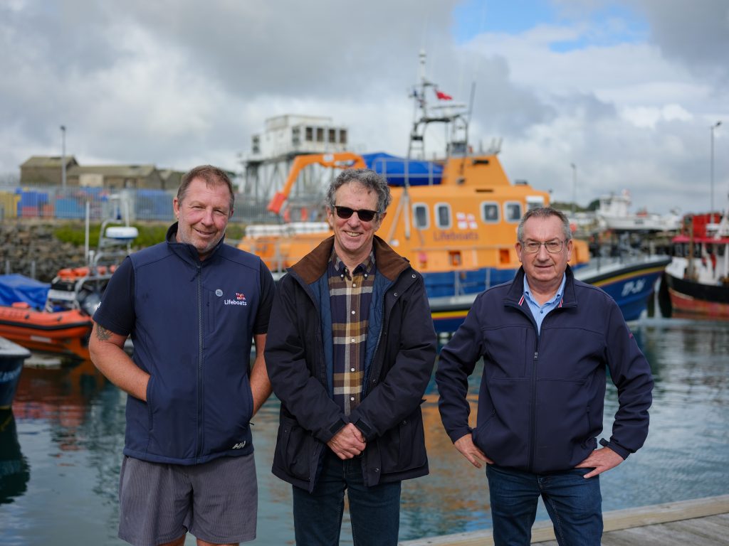 Penlee lifeboat coxswain Patch Harvey with mayor of Penzance Stephen Reynolds and mayor of Concarneau Marc Bigot.