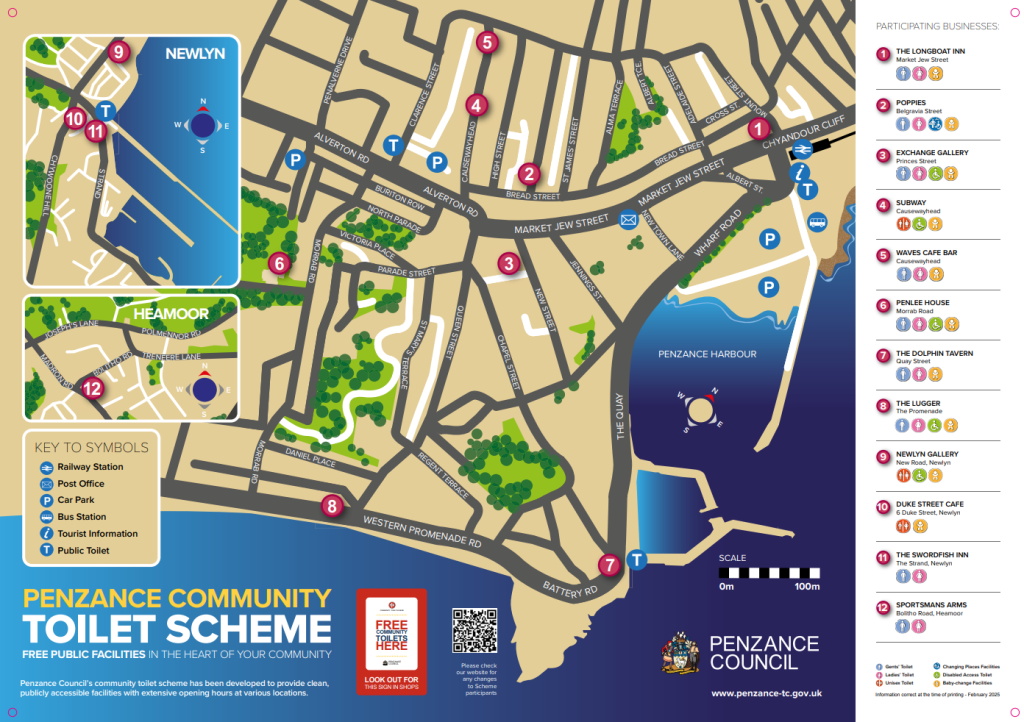 Penzance Community Toilet Scheme Map 2025 (Spring 2025)