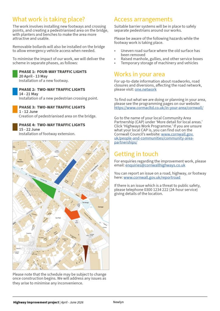 Map showing location of phased roads to take in Newlyn from April to June 2026