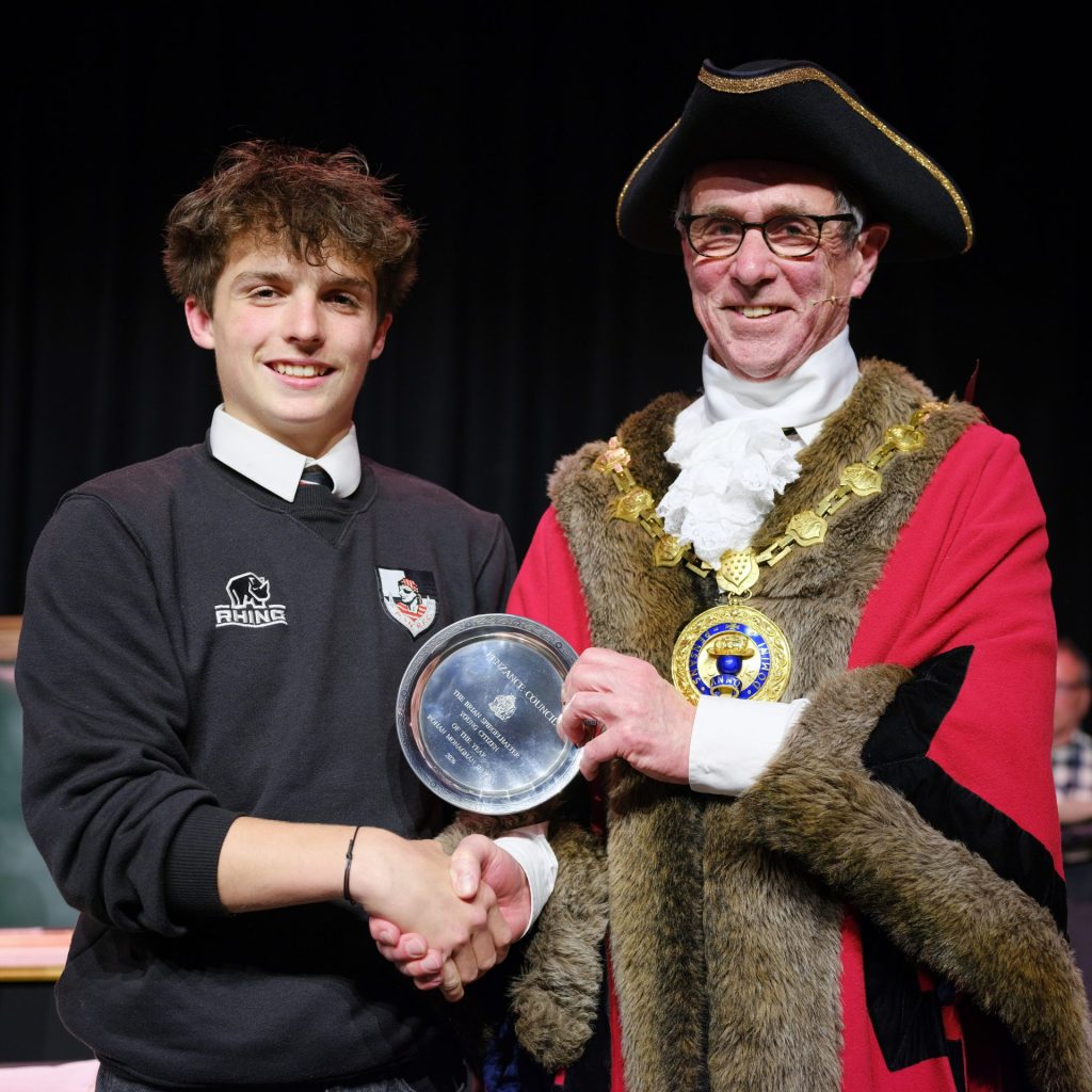Young Citizen of the Year 2026, Rohan Monaghan-Jenkin, receiving his award from outgoing Mayor Cllr Stephen Reynolds