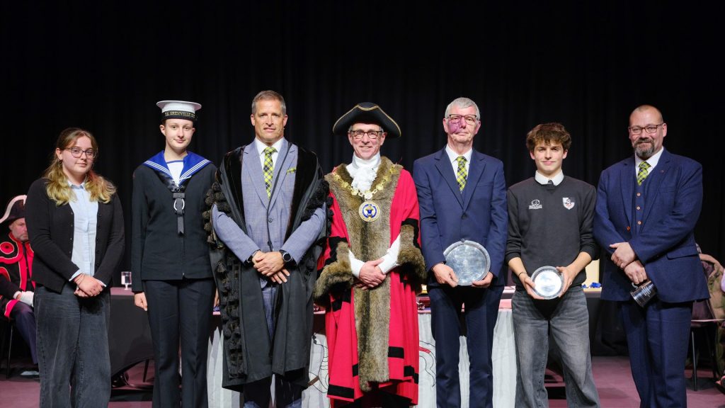 2026 award winners. From left to right: Victoria Peters (2026 Humphry Davy Prize Winner), Mayor's Sea Cadet Isabella Nowell, James Hardy (Town Clerk), Cllr Stephen Reynolds (outgoing Mayor), Steve Colenso (Citizen of the Year 2026), Rohan Monaghan-Jenkin (Young Citizen of the Year 2026)
