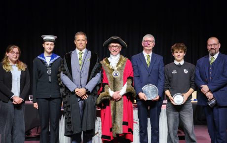 2026 award winners. From left to right: Victoria Peters (2026 Humphry Davy Prize Winner), Mayor's Sea Cadet Isabella Nowell, James Hardy (Town Clerk), Cllr Stephen Reynolds (outgoing Mayor), Steve Colenso (Citizen of the Year 2026), Rohan Monaghan-Jenkin (Young Citizen of the Year 2026)