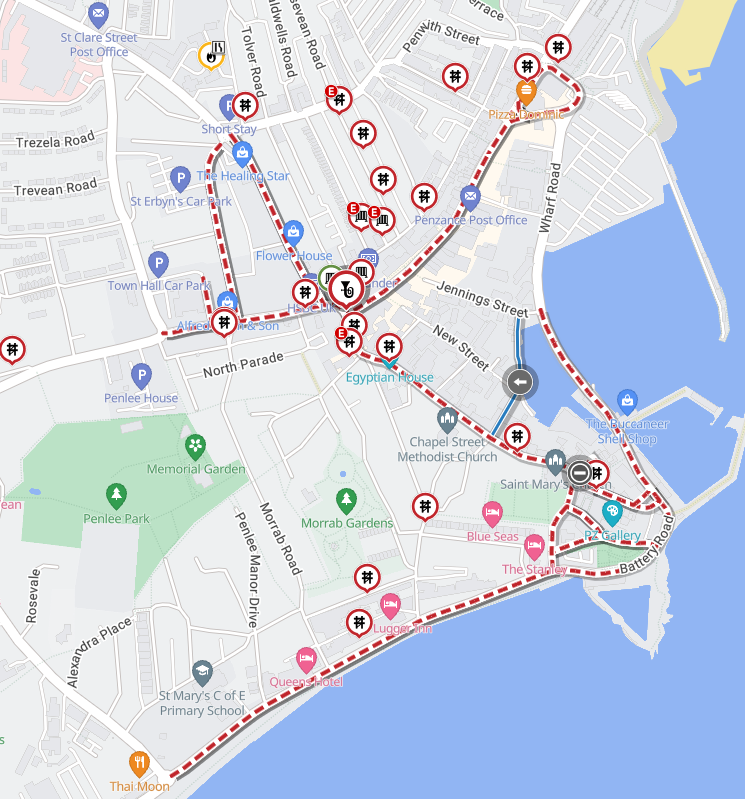 Map showing the road closures in Penzance for Golowan Festival
