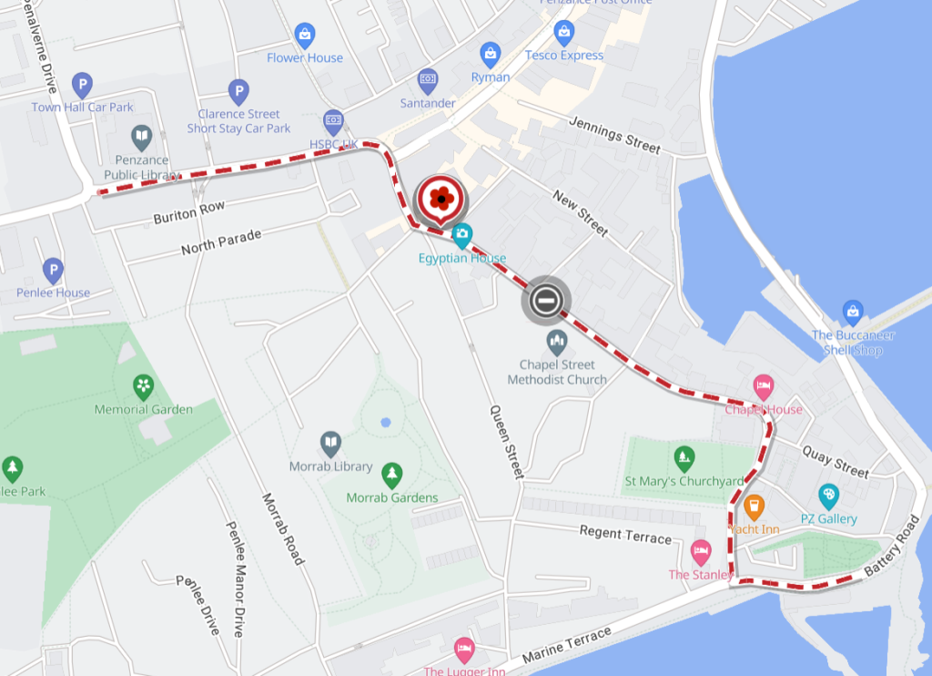 Map showing the route of the Remembrance Sunday Parade: Alverton Street, The Greenmarket, Market Place, Chapel Street, Under
Chapel Yard, Battery Road, Penzance from the junction of Under Chapel Yard to Penzance War
Memorial.